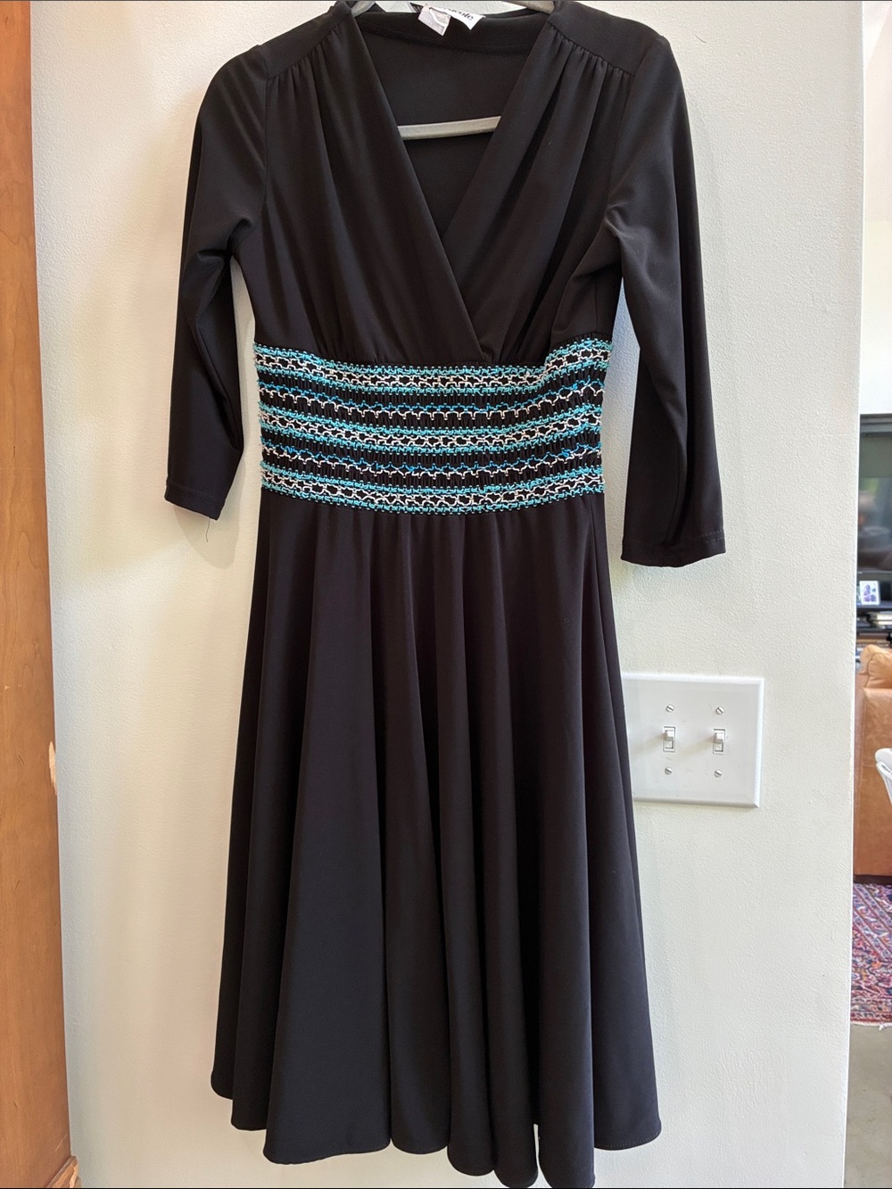 Ronni Nicole Black Midi Dress with Blue Smocked Waist small
